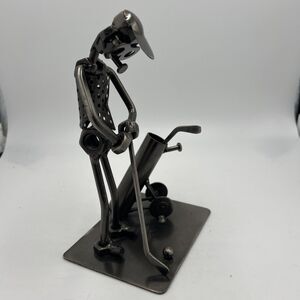 Decorative Art Metal Sculpture Golfer With Bag And Clubs Steel Nuts & Bolts 7"